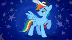 Size: 1280x720 | Tagged: safe, artist:mezkalito4p, derpibooru import, screencap, rainbow dash, pegasus, pony, may the best pet win, bedroom eyes, cap, female, hat, mare, pose, solo, whistle, whistle necklace