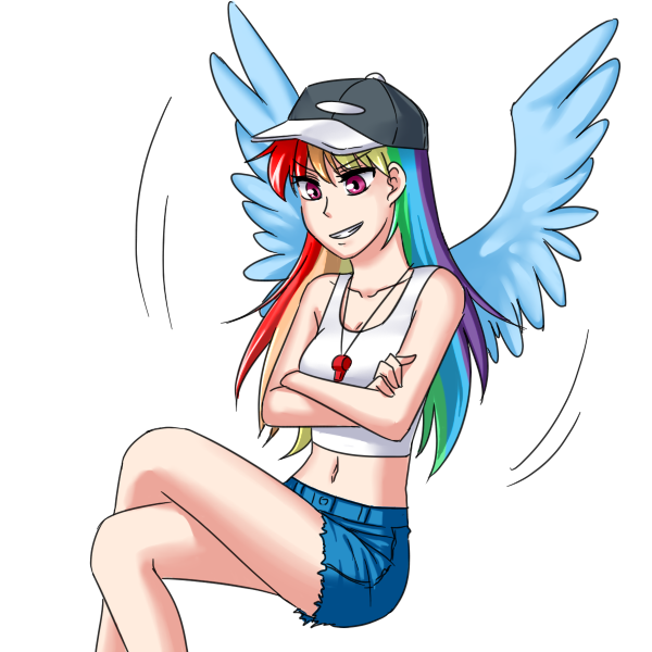 Size: 600x600 | Tagged: artist:apzzang, belly button, cap, clothes, derpibooru import, female, hat, human, humanized, midriff, rainbow dash, safe, shorts, simple background, solo, transparent background, whistle, winged humanization