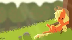 Size: 1920x1080 | Tagged: safe, artist:rangelost, derpibooru import, applejack, earth pony, pony, cowboy hat, female, grass, hat, lineless, mare, resting, solo, tree, wallpaper