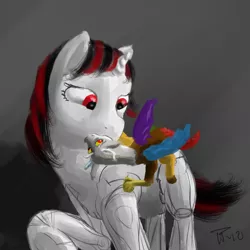 Size: 1800x1800 | Tagged: safe, artist:juleppony, derpibooru import, discord, oc, oc:blackjack, cyborg, draconequus, pony, unicorn, fallout equestria, fallout equestria: project horizons, canon x oc, female, kissing, male, shipping, straight, tiny