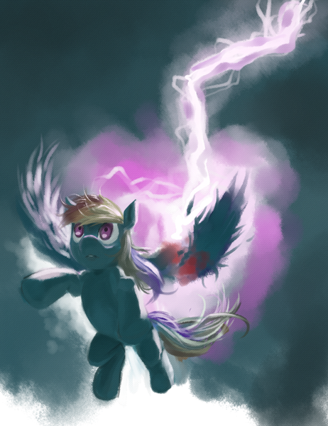 Size: 590x767 | Tagged: semi-grimdark, artist:citlalicue, artist:discotecnia ottanta, derpibooru import, ponibooru import, rainbow dash, pegasus, pony, amputation, blood, female, lightning, mare, solo