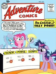 Size: 514x684 | Tagged: safe, derpibooru import, derpy hooves, pinkie pie, screw loose, twilight sparkle, pony, comic cover, legion of super-heroes, parody, silly, silly pony