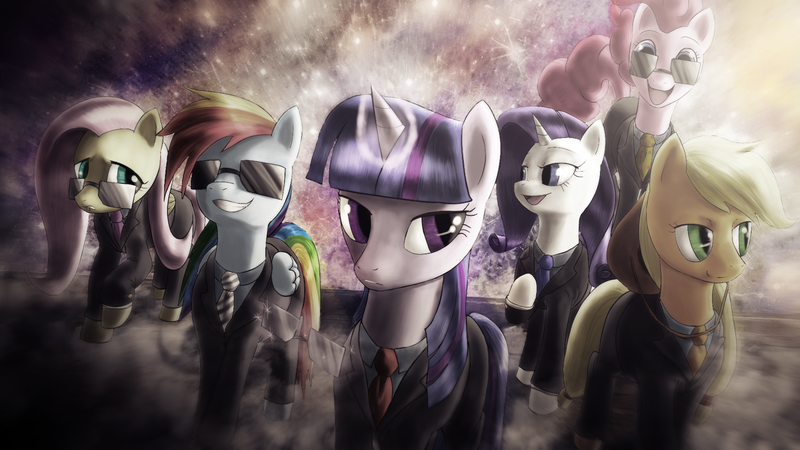 Size: 1920x1080 | Tagged: applejack, artist:sandwichhorsearchive, badass, businessmare, business suit, clothes, confident, derpibooru import, fluttershy, mane six, nervous, pinkie pie, rainbow dash, rarity, safe, shy, suit, sunglasses, twilight sparkle, wallpaper