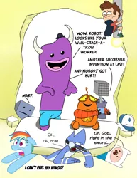 Size: 900x1166 | Tagged: adventure time, artist:cartuneslover16, crossover, derpibooru import, dipper pines, finn the human, gravity falls, monster krumholtz, mordecai, nein, rainbow dash, regular show, robot and monster, robot default, safe