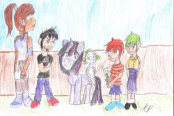 Size: 900x602 | Tagged: safe, artist:thesoulsongstress, derpibooru import, spike, twilight sparkle, human, pony, crossover, dan, dan vs, korra, phineas and ferb, the legend of korra