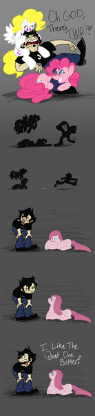 Size: 1010x4392 | Tagged: artist:allhailweegee, comic, crossover, dan, dan pie, dan vs, derpibooru import, female, g1, g1 to g4, generation leap, male, pinkamena diane pie, pinkie pie, safe, shipping, straight, surprise