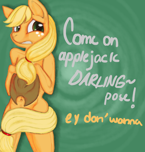 Size: 500x526 | Tagged: anthro, applejack, artist:mellowmod, belly button, covering, derpibooru import, dialogue, embarrassed, green background, nudity, questionable, simple background, tail covering