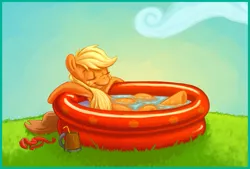 Size: 953x646 | Tagged: safe, artist:wizardwannabe, derpibooru import, applejack, earth pony, pony, cloud, cowboy hat, cute, eyes closed, female, freckles, hat, jackabetes, kiddie pool, loose hair, mare, mug, relaxing, smiling, solo, straw, swimming pool, water