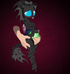 Size: 1280x1359 | Tagged: artist:v-d-k, belly, blushing, changeling, derpibooru import, hand, human, human male, human on changeling action, male, pregnant, safe, trypophobia