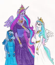 Size: 800x938 | Tagged: anthro, artist:13foxywolf666, derpibooru import, leto, mother, mother and daughter, oc, oc:queen leto, princess celestia, princess luna, safe, simple background, watermark