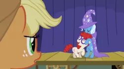 Size: 634x355 | Tagged: applejack, artist:capnpea, boast busters, derpibooru import, edit, edited screencap, fimbriae, glasses, safe, screencap, trixie, twist