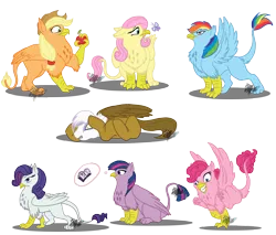 Size: 2000x1700 | Tagged: safe, artist:flamehusky, derpibooru import, applejack, fluttershy, gilda, pinkie pie, rainbow dash, rarity, twilight sparkle, ponified, gryphon, pegasus, pony, book, cute, eared griffon, griffonized, mane six, my little griffon, rainbow griffon, simple background, species swap, that pony sure does love books, transparent background, watermark