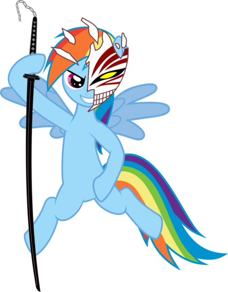 Size: 900x1153 | Tagged: safe, artist:baka-neku, derpibooru import, rainbow dash, pegasus, pony, bleach (manga), crossover, mask, simple background, solo, sword, transparent background, vector, weapon