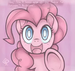 Size: 583x550 | Tagged: artist:soulspade, cute, dead source, derpibooru import, diapinkes, fourth wall, hoofbump, part of a set, pink, pinkie pie, safe, smiling, solo, text, underhoof