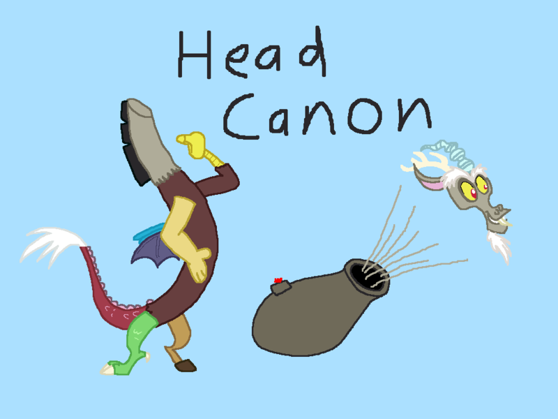 Size: 1024x768 | Tagged: artist needed, blue background, cannon, canon, chaos, derpibooru import, detachable head, discord, disembodied head, headcannon, headcanon, headless, modular, pun, safe, simple background, solo, source needed