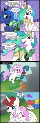 Size: 656x2000 | Tagged: artist:madmax, cewestia, comic, derpibooru import, female, filly, lauren faust, oc, oc:fausticorn, pink-mane celestia, princess celestia, princess luna, safe, spanish, translation, turtle, younger