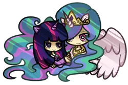 Size: 1000x665 | Tagged: artist:nekozneko, chibi, derpibooru import, eared humanization, horned humanization, humanized, princess celestia, safe, simple background, twilight sparkle, winged humanization