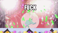 Size: 720x405 | Tagged: amethyst star, animated, caption, carrot top, cloud kicker, crowd, curtains, derpibooru import, edit, edited screencap, fireworks, fuck your shit, golden harvest, iron will, male, male focus, merry may, minotaur, minuette, putting your hoof down, safe, screencap, solo focus, twinkleshine, vulgar