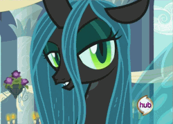 Size: 503x360 | Tagged: a canterlot wedding, animated, bedroom eyes, candle, changeling, changeling queen, derpibooru import, fangs, female, flower, hub logo, looking at you, open mouth, queen chrysalis, safe, screencap, smiling, solo, stupid sexy chrysalis, talking, wings