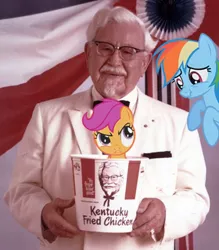 Size: 376x430 | Tagged: artist:normanb88, chicken, colonel sanders, derpibooru import, irl, kfc, photo, ponies in real life, rainbow dash, safe, scootaloo, scootaloo is not amused, unamused