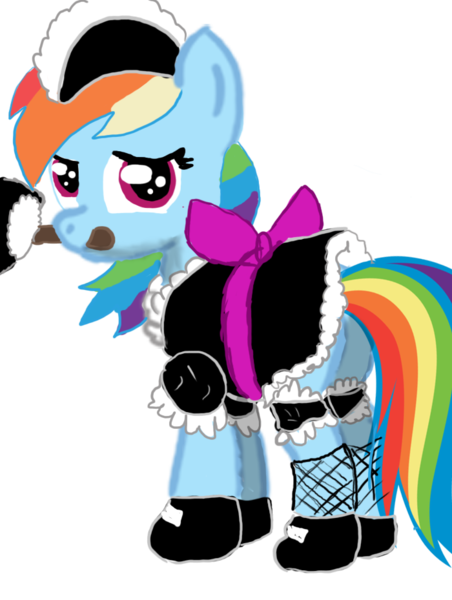 Size: 700x929 | Tagged: safe, artist:catititax, derpibooru import, rainbow dash, pegasus, pony, clothes, duster, female, fishnets, maid, mare, mouth hold, simple background, transparent background