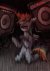 Size: 1053x1500 | Tagged: grimdark, artist:lonelycross, derpibooru import, rainbow dash, pegasus, pony, female, mare, noise, open mouth, solo, speaker