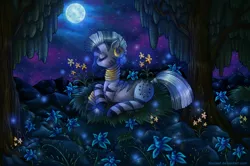 Size: 2436x1615 | Tagged: artist:tinuleaf, derpibooru import, flower, forest, night, poison joke, safe, solo, zebra, zecora