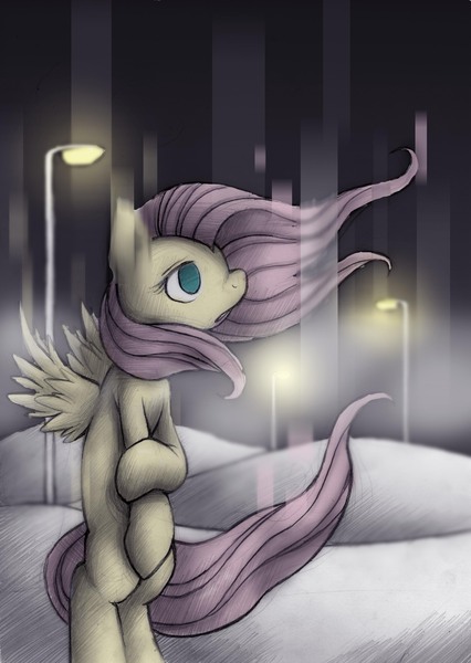 Size: 2460x3464 | Tagged: artist:lonelycross, derpibooru import, fluttershy, high res, hill, night, nine inch nails, safe, streetlight