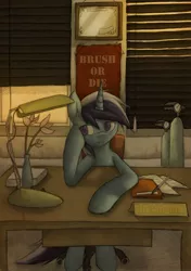 Size: 1058x1500 | Tagged: artist:lonelycross, bored, dead source, dentist, dentist's office, derpibooru import, doctor, minuette, name tag, office, safe