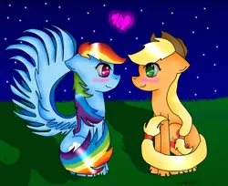 Size: 900x736 | Tagged: safe, artist:xcuteikinz, derpibooru import, applejack, rainbow dash, appledash, blushing, female, heart, lesbian, shipping