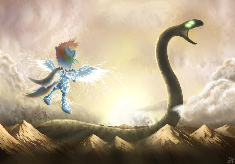 Size: 2850x2000 | Tagged: dead source, safe, artist:mlpanon, derpibooru import, rainbow dash, pegasus, pony, snake, fanfic, fanfic:it's a dangerous business going out your door, archback mountains, female, flying, four eyes, glow, glowing eyes, high res, mare, mountain, runes, world snake