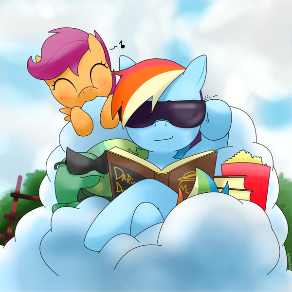 Size: 1040x1040 | Tagged: artist:hoyeechun, cloud, cloudy, cute, cutealoo, daring do, derpibooru import, nom, popcorn, rainbow dash, reading, safe, scootaloo, sunglasses, swag, tank