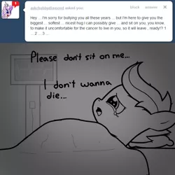 Size: 640x640 | Tagged: artist:coolstorybrony, ask, cancer (disease), chubby diamond, crying, derpibooru import, diamond tiara, hospital, sad, safe, scootaleukemia, scootaloo, tumblr