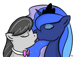 Size: 760x580 | Tagged: suggestive, artist:crypticannelid, derpibooru import, octavia melody, princess luna, bowtie, drool, drool string, eyes closed, female, french kiss, kissing, lesbian, lunatavia, open mouth, shipping, simple background, sloppy kissing, tongue out