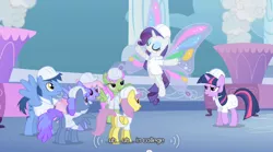 Size: 640x355 | Tagged: artificial wings, augmented, blueberry punch, blues, derpibooru import, magic, magic wings, merry may, noteworthy, parasol, peppermint crunch, rainbowshine, rarity, safe, screencap, sonic rainboom (episode), twilight sparkle, wings, youtube caption