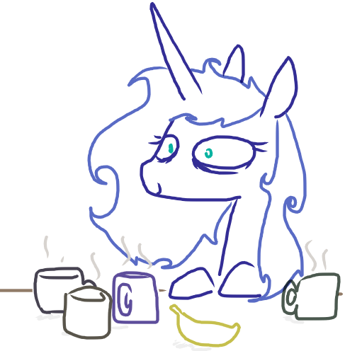 Size: 487x496 | Tagged: artist:the weaver, banana, breakfast, coffee, derpibooru import, luna found the coffee, luna loves coffee, princess luna, safe, simple background, solo, white background