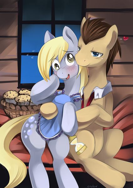 Size: 650x919 | Tagged: safe, artist:ende26, derpibooru import, derpy hooves, doctor whooves, time turner, pegasus, pony, blushing, doctorderpy, female, male, mare, muffin, shipping, straight