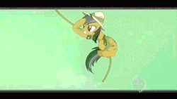 Size: 640x360 | Tagged: animated, daring do, derpibooru import, hub logo, read it and weep, safe, screencap, solo focus, sweat, swinging, temple, vine