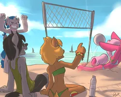 Size: 1250x1000 | Tagged: safe, artist:atryl, derpibooru import, oc, oc:beach ball, oc:crossfire, oc:shining pearl, oc:tropical breeze, unofficial characters only, anthro, unguligrade anthro, beach, beach ball, bikini, bracelet, clothes, midriff, sideass, swimsuit