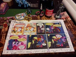 Size: 1200x900 | Tagged: safe, artist:pixelkitties, derpibooru import, derpy hooves, trixie, twilight sparkle, pegasus, pony, bottlecap, comic, fallout, fallout 3, female, figurine, irl, mare, nuka cola, patch, patches, photo, poster