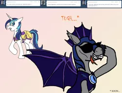 Size: 1280x971 | Tagged: artist:dustytheroyaljanitor, ask, ask female shining armor, derpibooru import, gleaming shield, night guard, oc, oc:captain nightshade, rule 63, safe, shining armor, sunglasses, tumblr