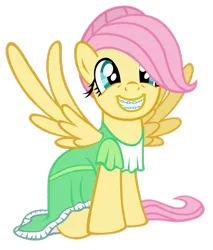 Size: 825x968 | Tagged: safe, artist:sorcerushorserus, derpibooru import, fluttershy, pony, comic:dash academy, alternate hairstyle, braces, clothes, cute, dress, shyabetes, simple background, teenager, transparent background, younger