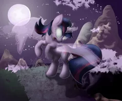 Size: 1112x922 | Tagged: artist:sip, derpibooru import, elements of discord, glowing eyes, magic, moon, mountain, safe, solo, stars, twilight doom, twilight sparkle, wings