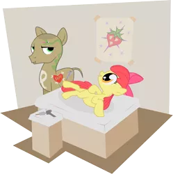 Size: 1684x1688 | Tagged: safe, artist:mafon, derpibooru import, apple bloom, oc, earth pony, pony, bald, blank flank, bow, dock, duo, duo male and female, female, filly, foal, hair bow, male, shaved tail, smiling, stallion, tattoo, tattoo artist