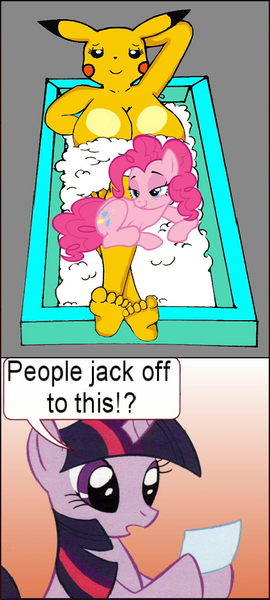 Size: 423x941 | Tagged: suggestive, derpibooru import, pinkie pie, anthro, earth pony, pikachu, pony, unicorn, bath, breasts, clopping meme, exploitable meme, female, implied masturbation, mare, meme, pokémon, strategically covered