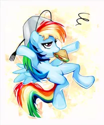 Size: 800x955 | Tagged: safe, artist:vsri, derpibooru import, rainbow dash, pegasus, pony, bucket, food, fork, headbucket, lidded eyes, mouth hold, sandwich, solo