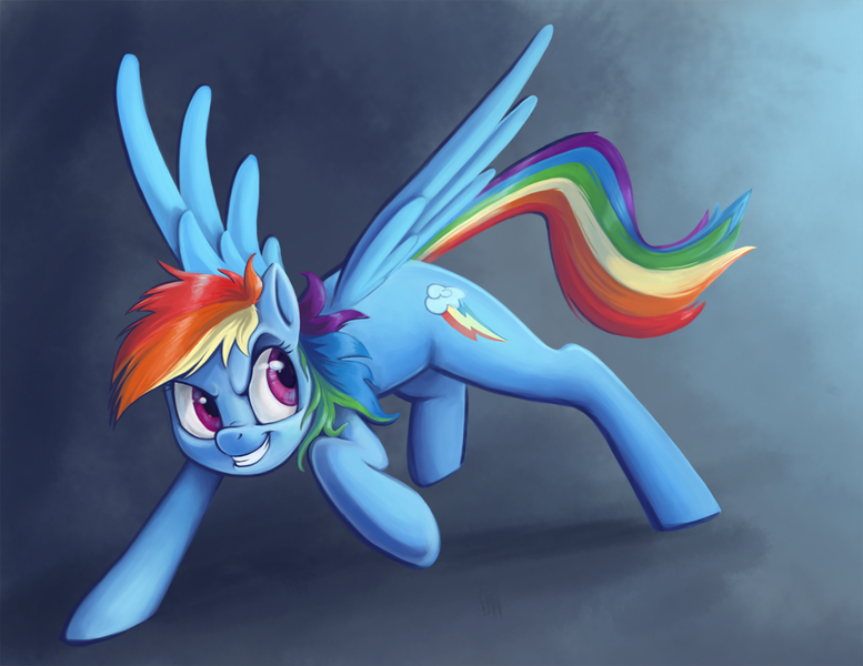 Size: 1014x783 | Tagged: safe, artist:scyriuse, derpibooru import, rainbow dash, action pose, frown, smirk