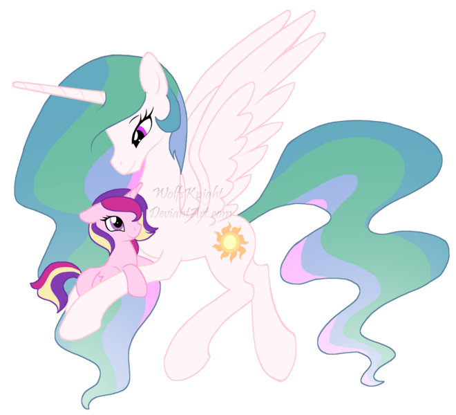 Size: 1600x1455 | Tagged: dead source, safe, artist:wolfsknight, derpibooru import, princess cadance, princess celestia, alicorn, pony, duo, female, filly, filly cadance, mare, simple background, transparent background, watermark, younger