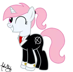 Size: 900x885 | Tagged: safe, artist:andreamelody, derpibooru import, oc, unofficial characters only, pony, unicorn, clothes, cufflinks, cuffs (clothes), female, grin, mare, necktie, signature, simple background, slenderman, slendermare, slenderpony, smiling, solo, suit, transparent background, wink