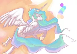 Size: 1000x706 | Tagged: artist:electriczebra, dead source, derpibooru import, eyes closed, flying, princess celestia, safe, solo